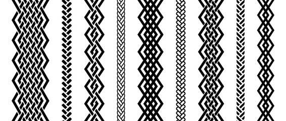 Seamless retro knot border set. Black repeating celtic divider or separator collection. Braid rope ornament motif pattern for banner, poster, frame. weaving design element bundle. Vector pack