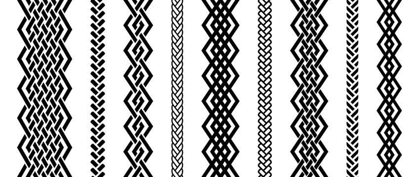Seamless retro knot border set. Black repeating celtic divider or separator collection. Braid rope ornament motif pattern for banner, poster, frame. weaving design element bundle. Vector pack