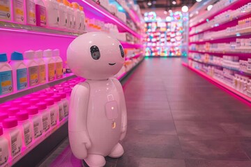 Obraz premium Digital rendering of a small robot in a neon lit store symbolizing robotics and retail in a vibrant and futuristic style