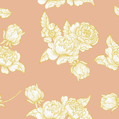 Hand Drawn Peony Rose Flower and Leaves Seamless Pattern