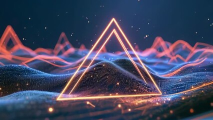 A glowing neon triangle floats above a wavy digital landscape. The scene is futuristic and abstract, with vibrant colors and a mesmerizing light pattern. It's nighttime, adding a mysterious vibe. - Powered by Adobe