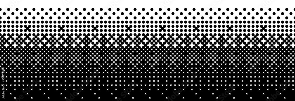Poster Fading bitmap gradient texture. Black and white dither pattern background. Abstract pixelated glitchy pattern. 8 bit video game screen wallpaper. Vanishing pixel art backdrop. Vector retro halftone
