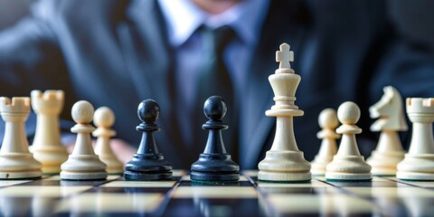 A hand strategically positioning a chess piece on a chessboard, emphasizing the intellectual nature of the game. The focus on decision-making captures the essence of strategic thinking