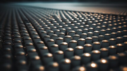 Obraz premium A high-resolution image of a steel plate with multiple rows of bolted rivets, emphasizing the robust construction and metallic sheen of the surface.