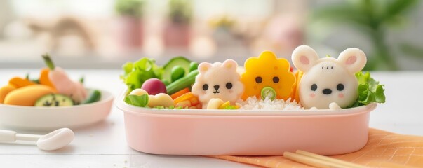 Obraz premium Cute bento box with animal-shaped food, rice, vegetables, and fruits, vibrant and artistic, kids meal, playful and nutritious