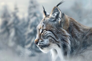 Obraz premium A majestic lynx stares intently into the distance, its fur blending seamlessly with the snowy winter landscape.