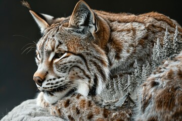 Obraz premium A close-up of a lynx resting on a rock, looking contemplative.