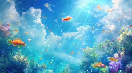 Fototapeta premium Beautiful, colorful fish in a magical sky-water environment