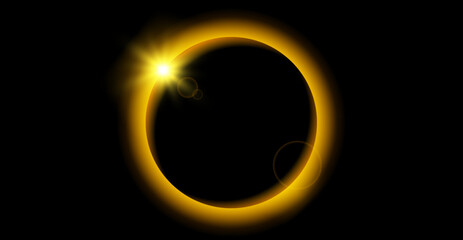 Yellow planet eclipse concept. Solar light glare effect. Abstract glowing sun crown in dark space. Earth halo with blazing edge. Vector illustration design for poster, banner, cover, brochure, booklet