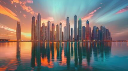 Fototapeta premium Stunning skyline featuring a mix of modern and colorful skyscrapers