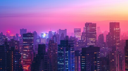 Obraz premium Tall, brightly lit buildings creating a colorful skyline at twilight