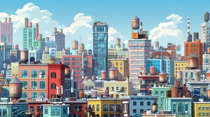 Fototapeta premium Urban landscape with tall, multicolored buildings and bustling activity