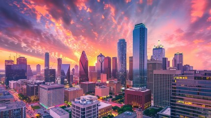 Obraz premium Vibrant city skyline with interesting, modern skyscrapers at sunset