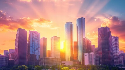 Obraz premium Urban skyline with tall, colorful skyscrapers under a sunset sky