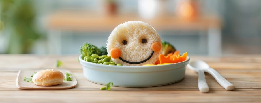Playful presentation of a balanced kids meal, smiley face made of food items, fun and appetizing, kids meal, creativity and health