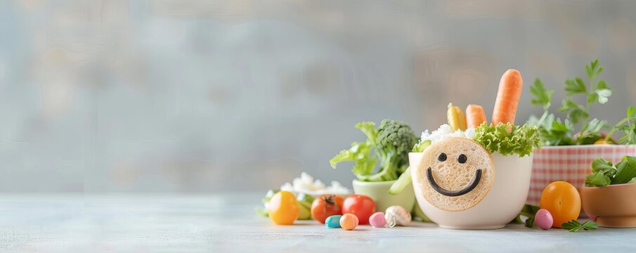Playful presentation of a balanced kids meal, smiley face made of food items, fun and appetizing, kids meal, creativity and health