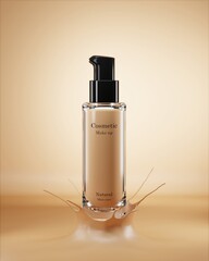 A mockup cosmetic bottle is placed on a flesh-colored liquid with a splash of liquid. 3D illustration