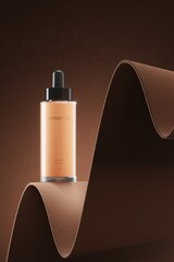 mockup makeup bottle on the wave brown leather. abstract background for cosmetic presentation. 3D illustration