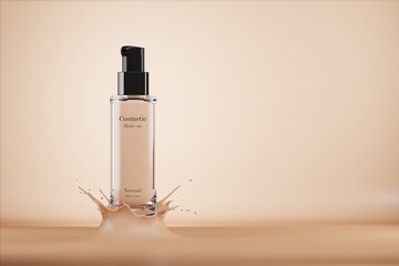 A mockup cosmetic bottle is placed on a flesh-colored liquid with a splash of liquid. 3D illustration