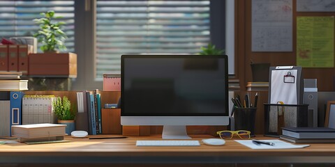 desk with computer, Desk Workspace An organized desk workspace with a computer, documents, and office supplies, showcasing a productive office environment.