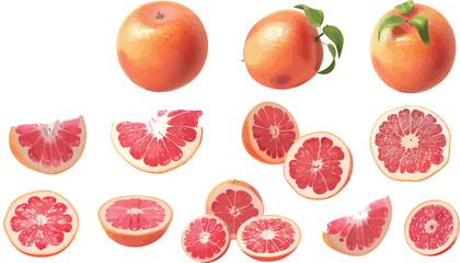 Whole Grapefruit with Freshly Cut Segments Isolated on a Clean White Background, Ideal for Fruit Photography, Culinary Uses, and Health-Focused Visuals