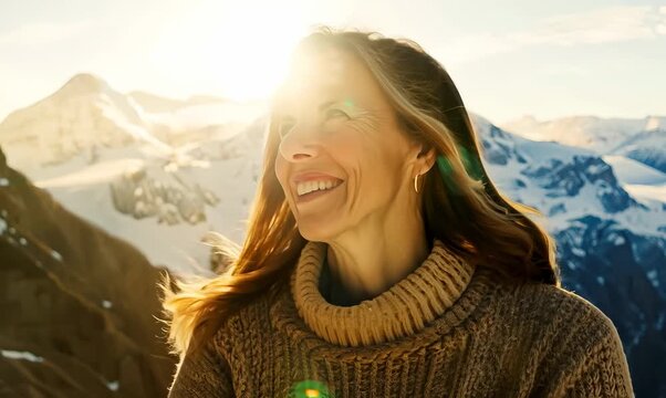 Environmental portrait video of a grinning woman in her 40s wearing a cozy sweater against a snowy mountain peak or summit background