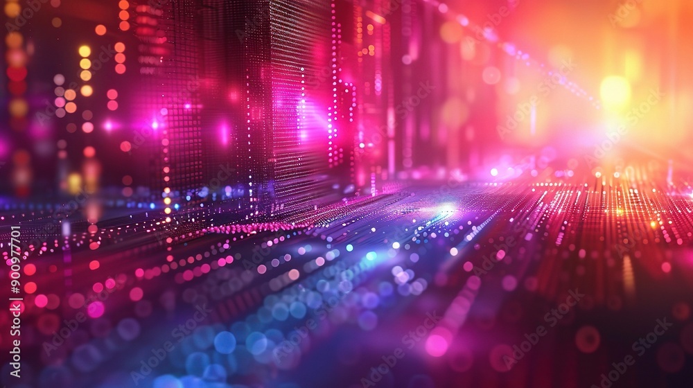 Poster neon data stream: a vibrant, abstract 3d rendering of data flowing through a network, illuminated by