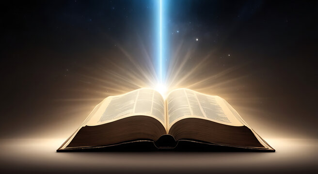 A powerful digital illustration of the Holy Bible with a glowing light emanating from it, representing divine wisdom and guidance, with space for text.