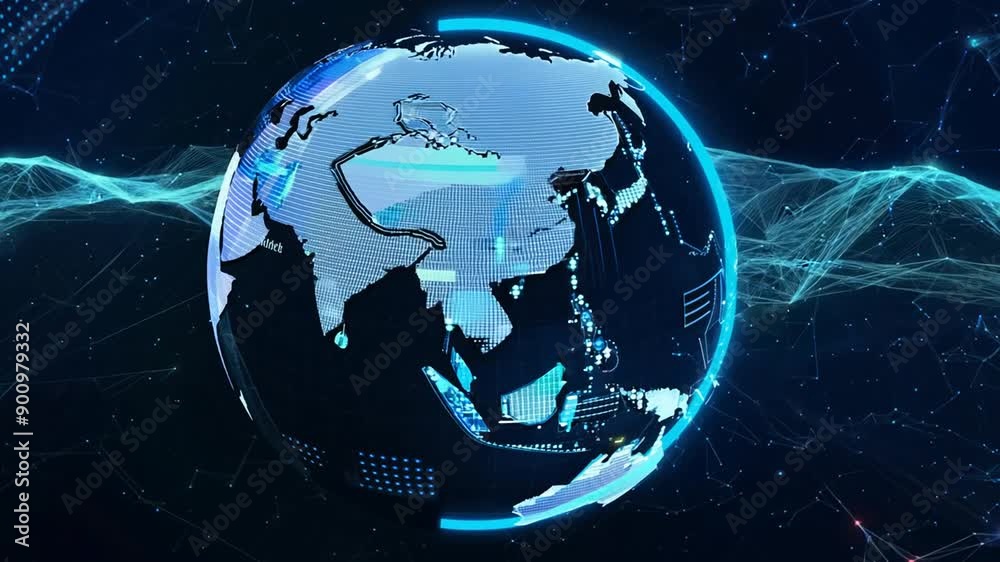 Poster global communication technology network representing earth with digital data flow generative ai
