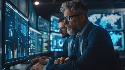Cybersecurity Experts Analyze Data: Two serious, focused cybersecurity professionals meticulously analyze data on multiple monitors in a dimly lit server room