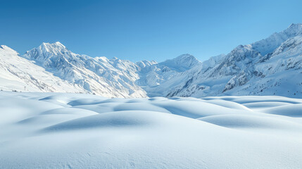 Obraz premium A serene winter landscape featuring pristine snow-covered mountains under a clear blue sky, creating a peaceful and refreshing scene.