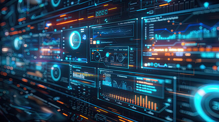 Naklejka premium Futuristic digital dashboard with vibrant graphs and data displays showcasing advanced technology and analytics.