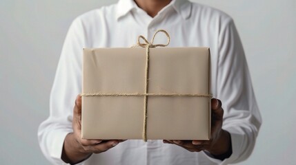 The Gift of Simplicity:  A person holds a neatly wrapped package, the natural twine and kraft paper evoking a sense of heartfelt sincerity and anticipation.