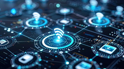 Futuristic network technology illustration with Wi-Fi signals connecting various devices in a glowing digital landscape.