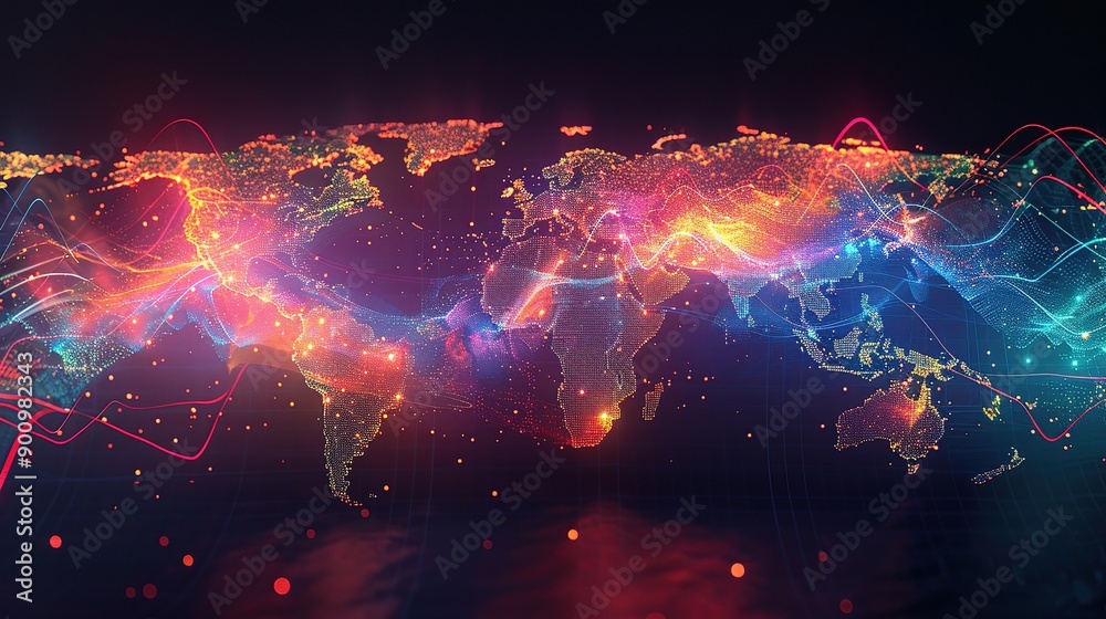 Sticker Global Network: A vibrant and futuristic depiction of interconnectedness, featuring a glowing world map with dynamic lines radiating from its continents.