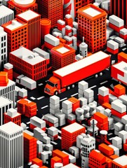 Obraz premium A vibrant cityscape featuring geometric buildings and a transporting truck in striking red and white hues.