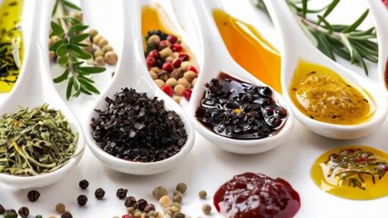 Assorted Spices and Sauces on White Spoons