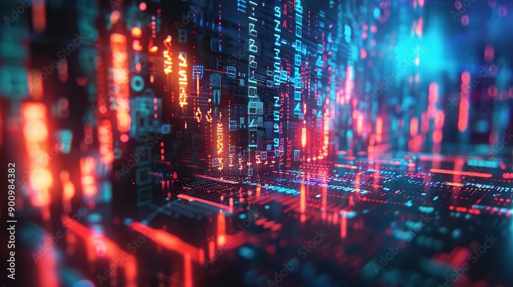 Poster digital matrix: a mesmerizing fusion of glowing numbers and ethereal light forms an abstract represe