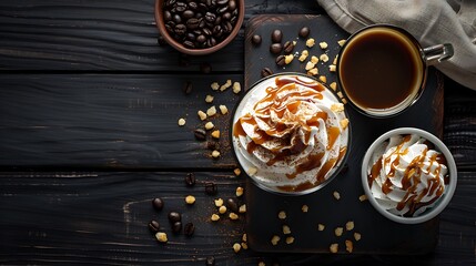 Caramel latte topped with whipped cream cinnamon and coffee beans on rustic wooden table for delicious dessert and drink enjoyed by coffee lovers concept.