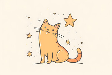 Fototapeta premium This charming orange cartoon cat under a starry sky is perfect for creative projects such as greeting cards and posters. Cat lovers will adore its cute style and playful design