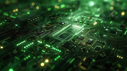 Digital Brain: Glowing circuitry and intricate components illuminate the power of modern technology, in this captivating close-up of a motherboard. 