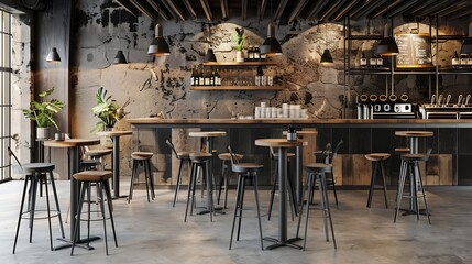 Seating area with bar tables and bar chairs in a modern cafe industrial style with stone wall wood and black steel : Generative AI
