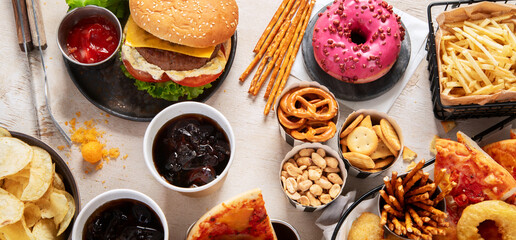 Assorted of american junk food assortment.