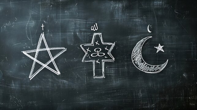 Blackboard with the symbols of the three Abrahamic religions the Jewish Star of David the Christian cross and the Islamic star and crescent drawn in the middle : Generative AI