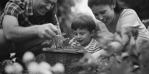 A family scene with a man, woman, and young boy carrying a basket of flowers - Powered by Adobe