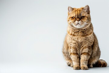 A cat with a yellow face is sitting on a white background. The cat has a very cute and friendly expression, copy space - generative ai