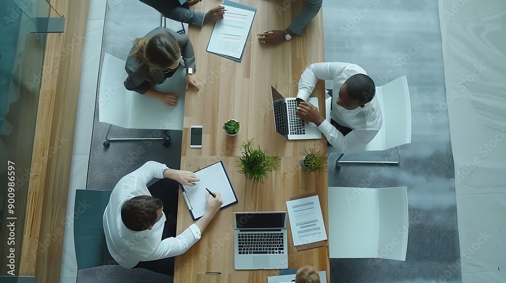 Aufkleber time lapse of diverse marketing team prepare for business meeting top down aerial view of businesspe