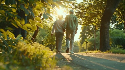 Obraz premium Senior couple man and woman taking peaceful walk in park enjoying tranquility and the beauty of nature Sunlight and greenery Concept of sport aging active and healthy lifestyle health : Generative AI