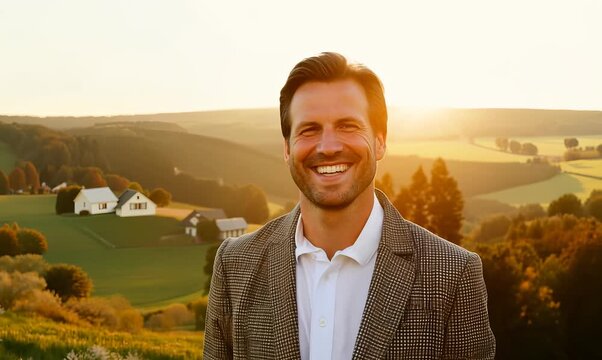 Lifestyle portrait video of a grinning man in his 40s wearing a classic blazer against a countryside or rural background