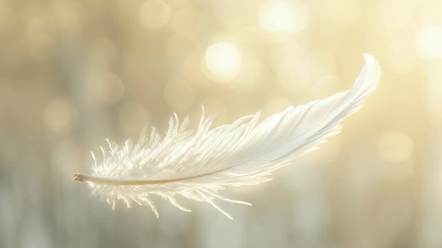 A close-up of a white feather gently floating in soft, golden sunlight. The serene scene captures the feather's delicate structure as it drifts amidst a blurry, ethereal background. The calm, warm